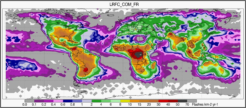 Imagen 1: Fuente NASA - Mapa global de flashes por año y km2